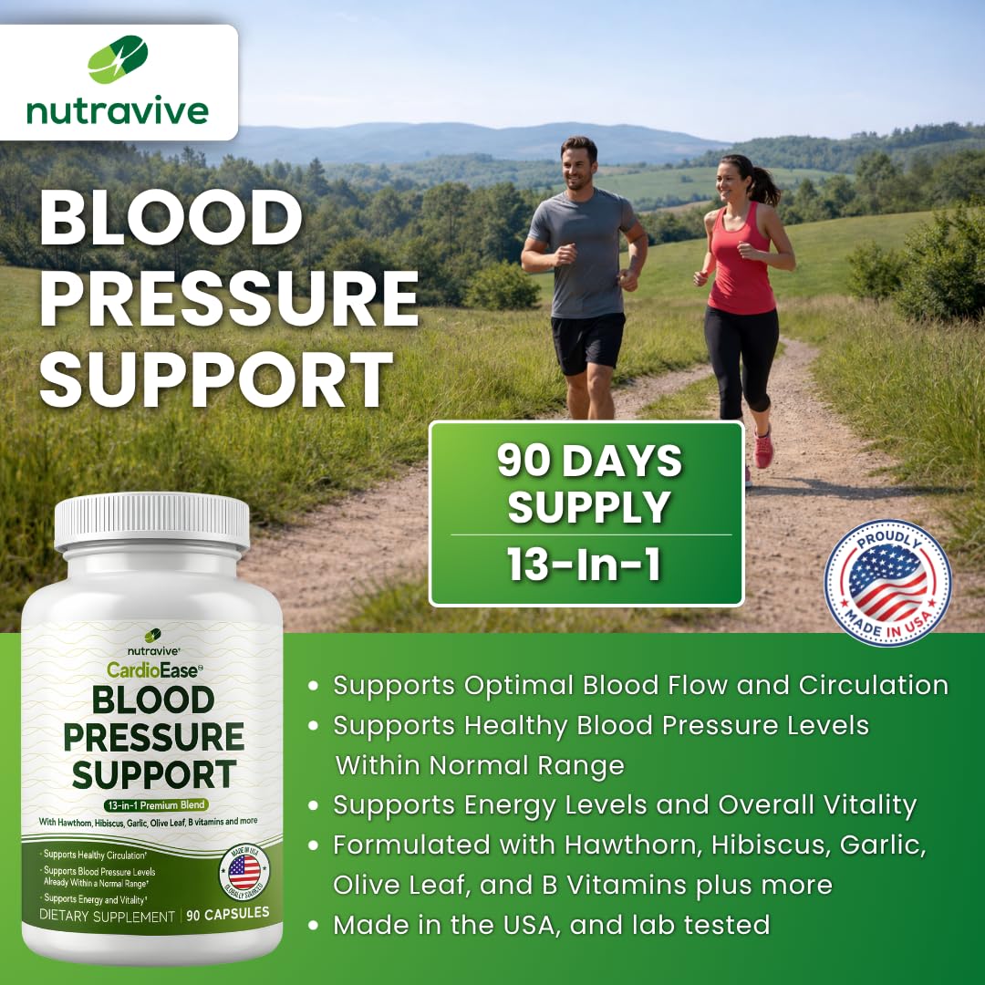 Nutravive 13-in-1 heart care supplement showing the 90 capsules bottle label details.