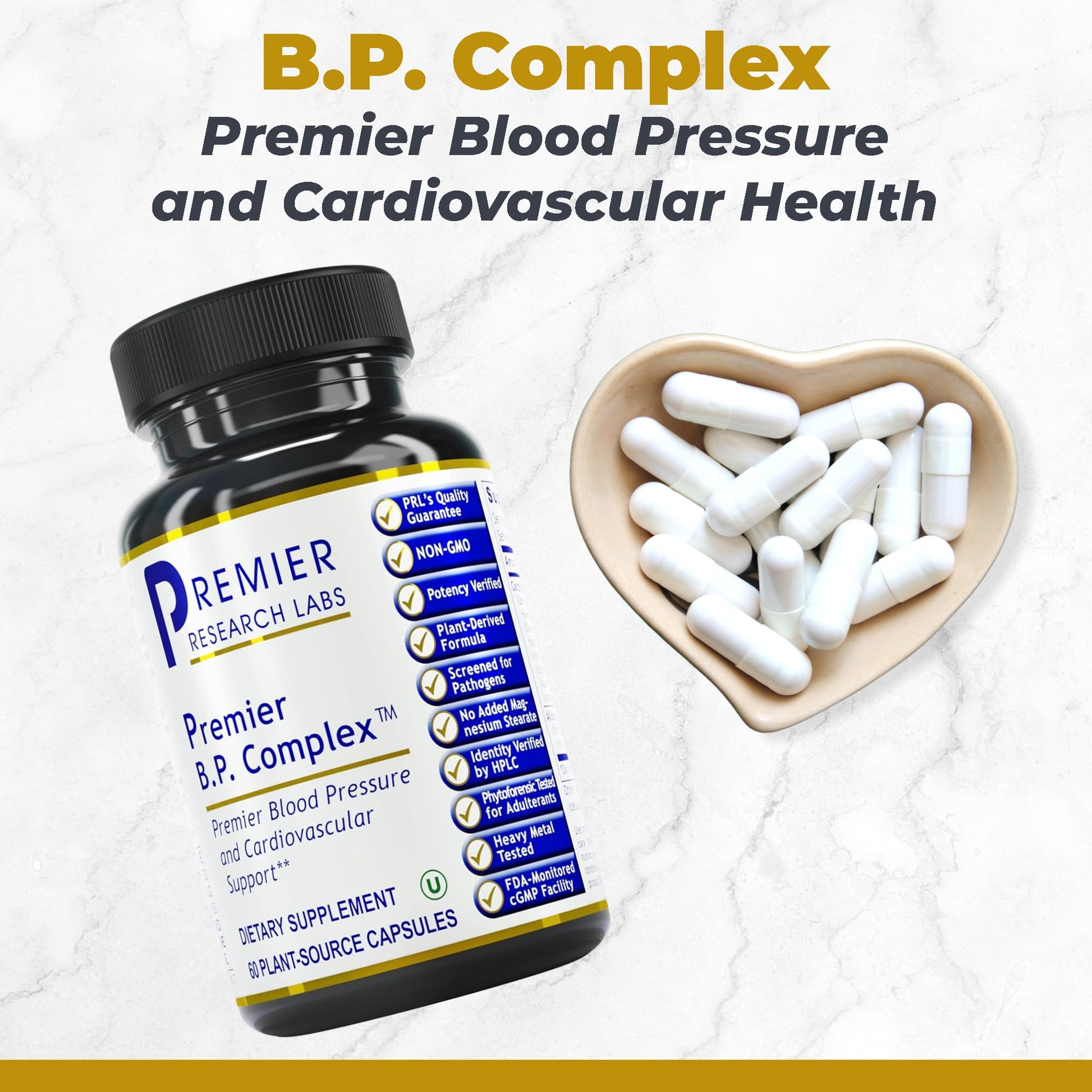 Premier Research Labs blood pressure supplement showing authentic USA imported packaging.