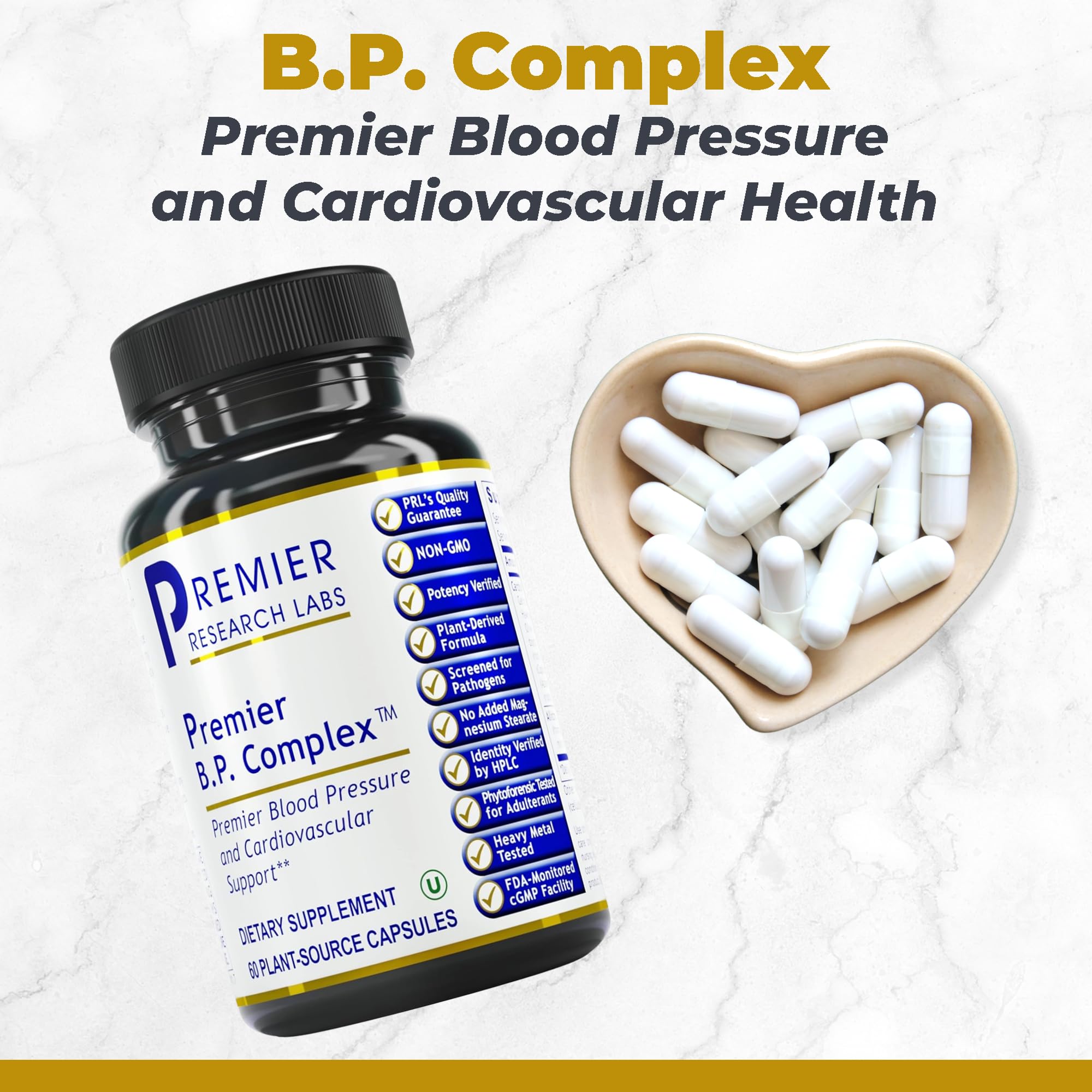 Premier Research Labs blood pressure supplement showing authentic USA imported packaging.