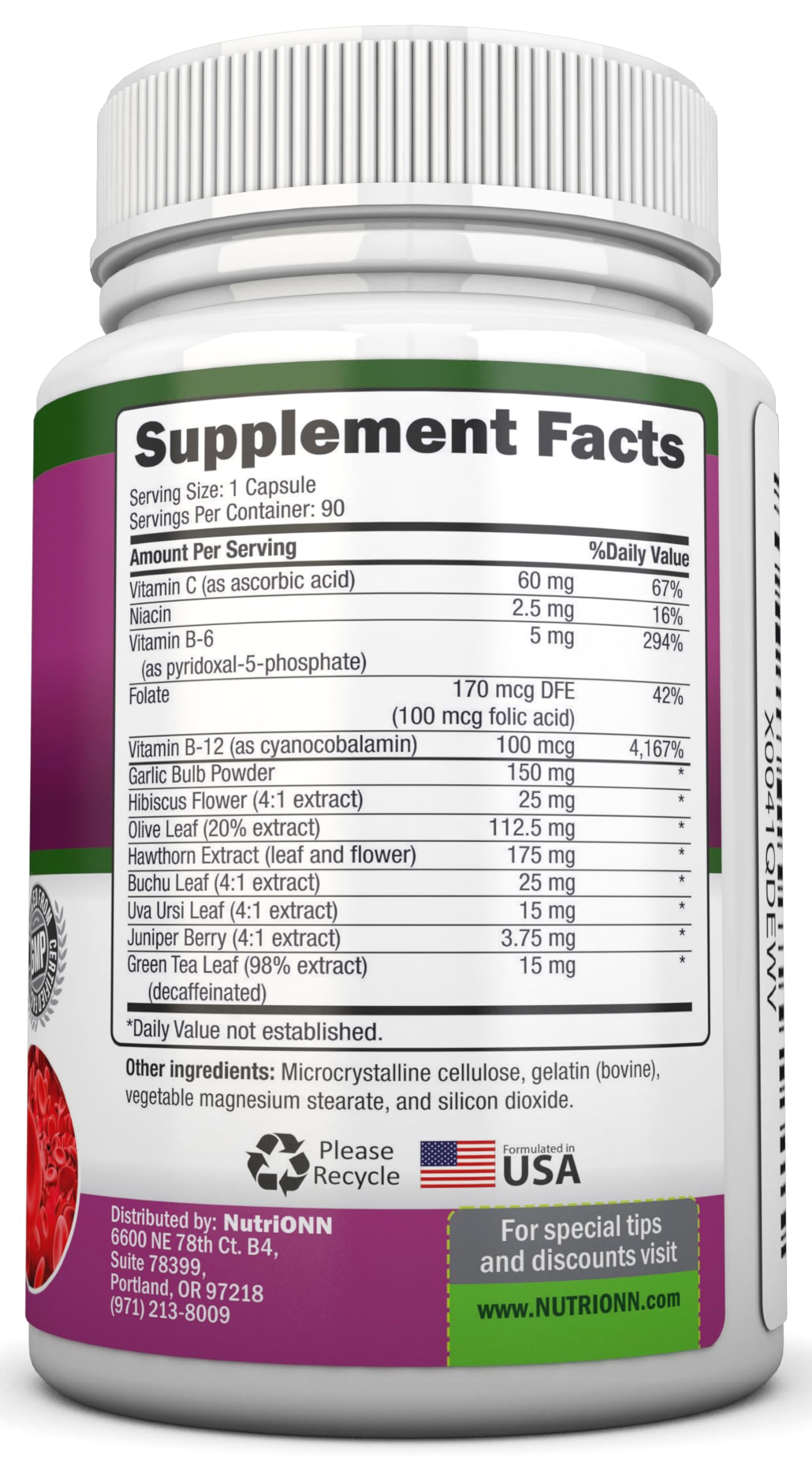 NutriONN cardiovascular health supplement capsule bottle side label showing thirteen key herbs.