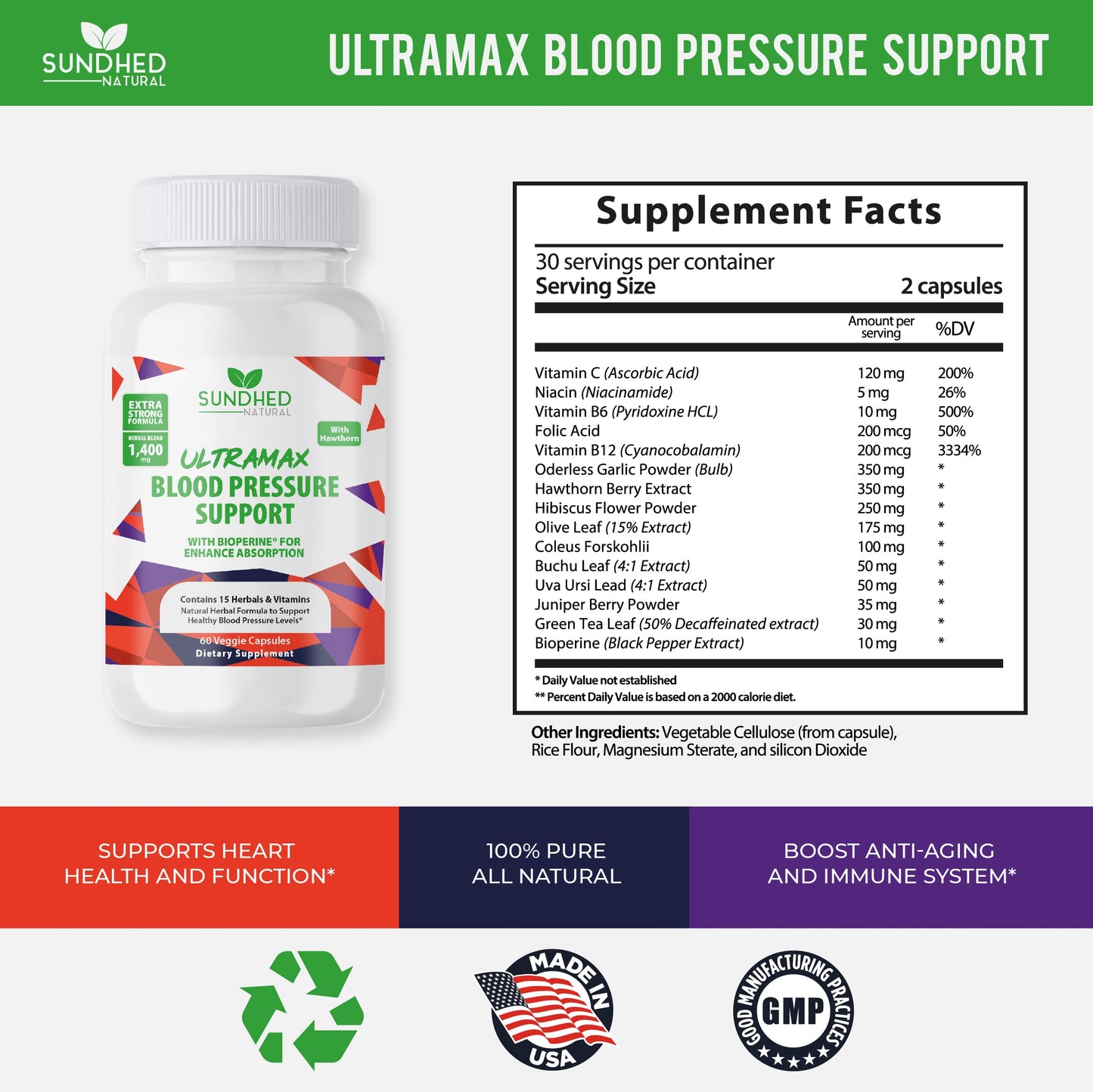 USA imported Sundhed Natural multivitamin for daily heart and circulatory health support.