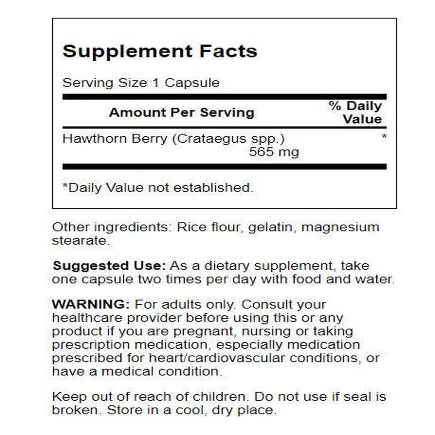 Supplement bottle label showing 565 Milligrams of hawthorn berry extract details.