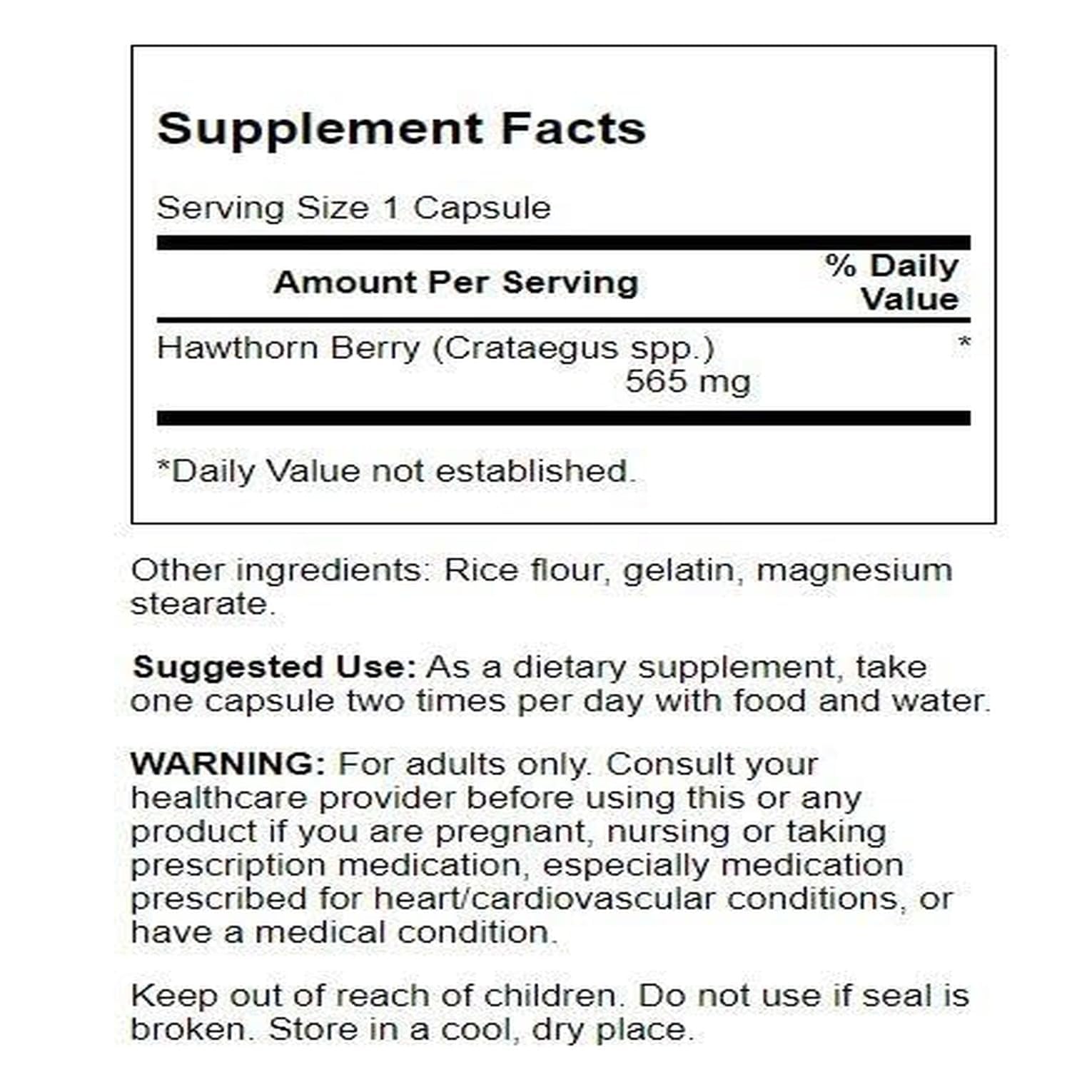 Supplement bottle label showing 565 Milligrams of hawthorn berry extract details.