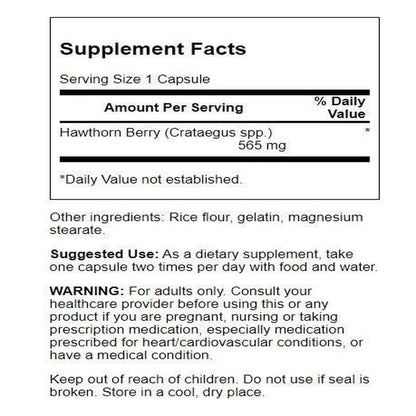 Supplement bottle label showing 565 Milligrams of hawthorn berry extract details.