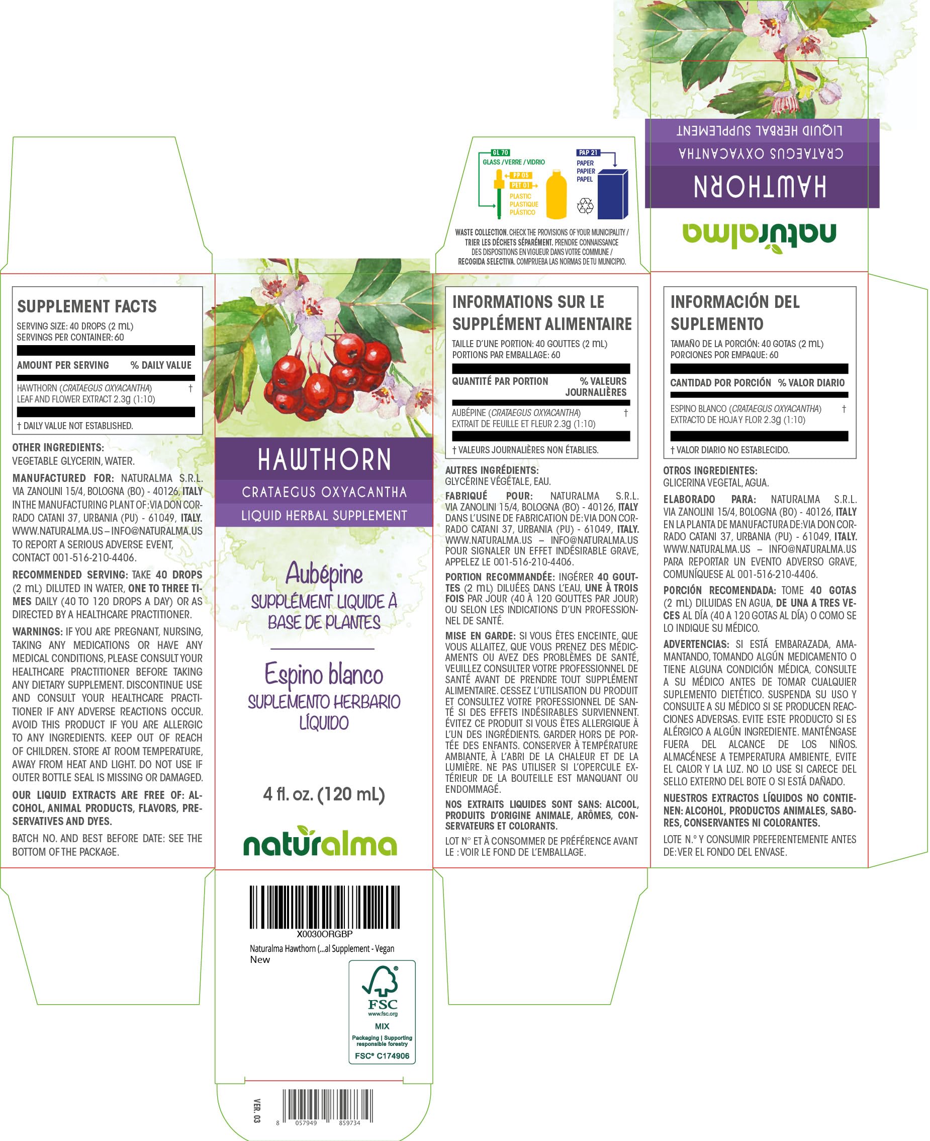 Naturalma Hawthorn vegan liquid herbal supplement dropper bottle showing ingredient facts label