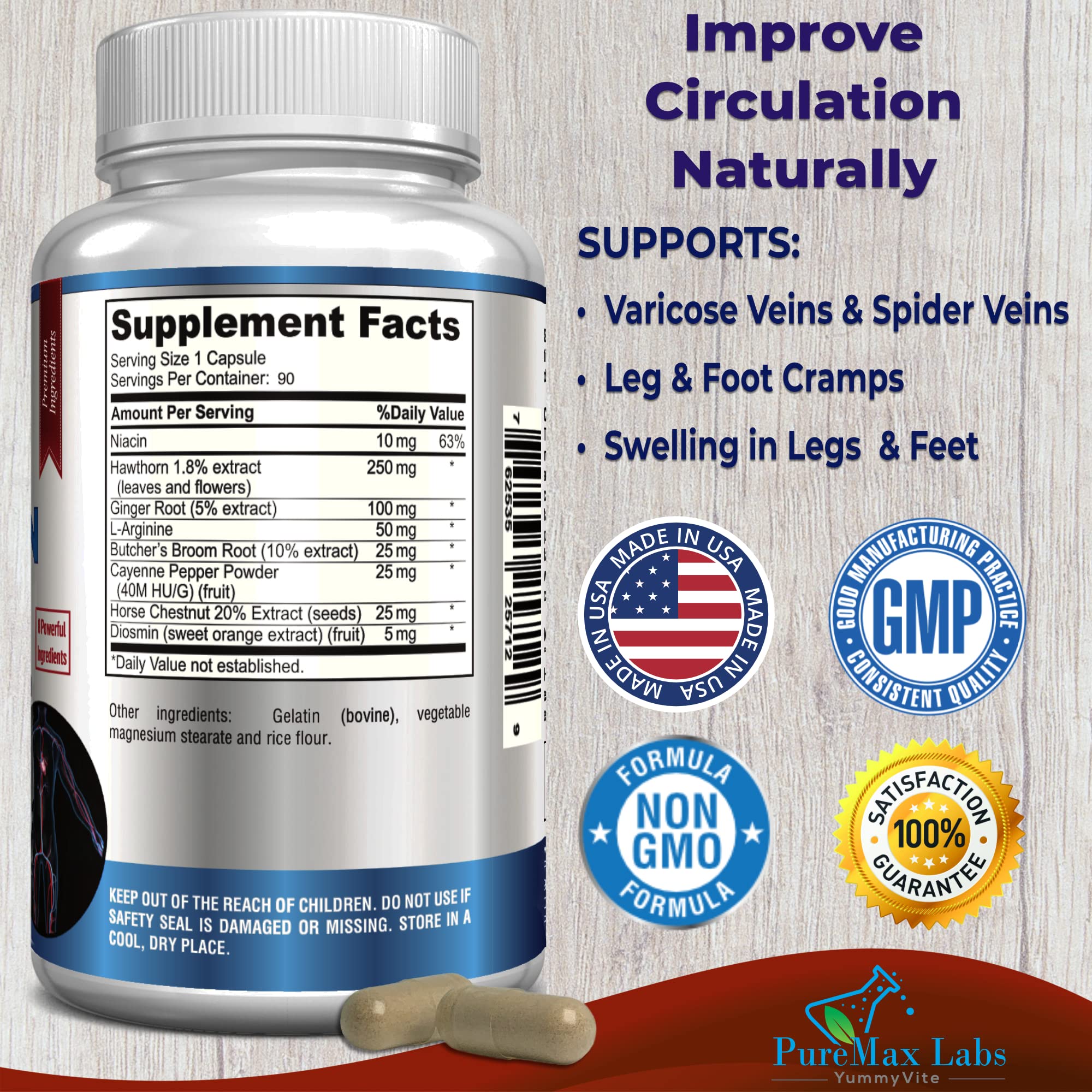 YUMMYVITE leg circulation pills featuring supplement facts and nutritional ingredients list.