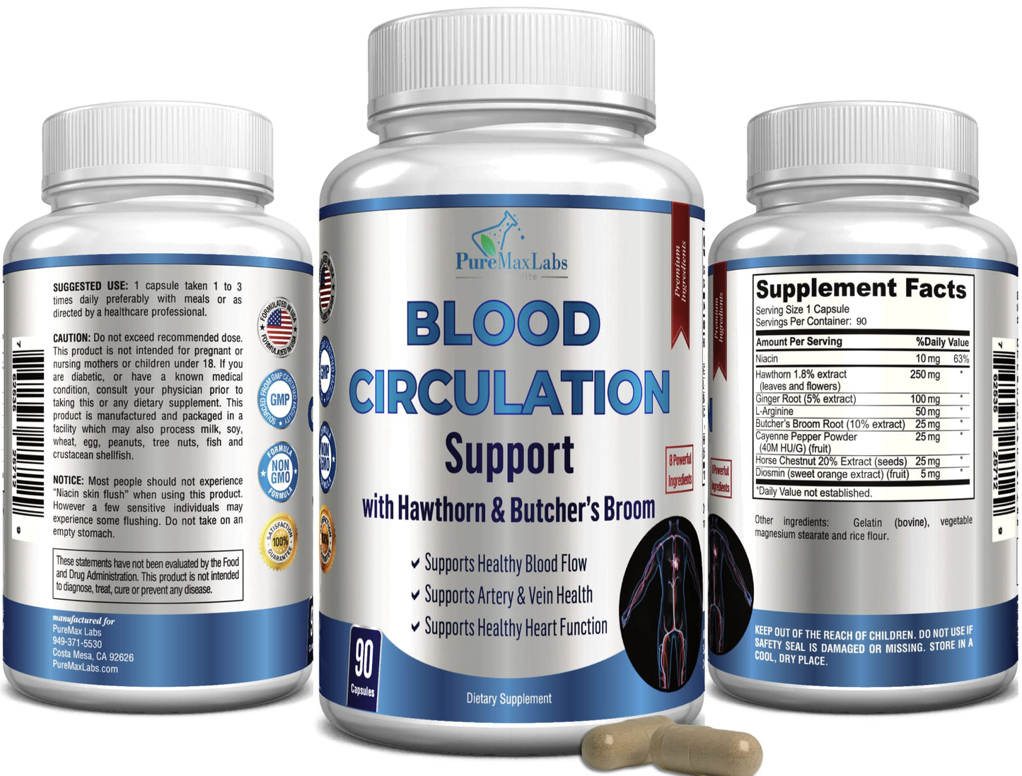 YUMMYVITE blood flow dietary supplement bottle with horse chestnut and diosmin benefits highlighted.