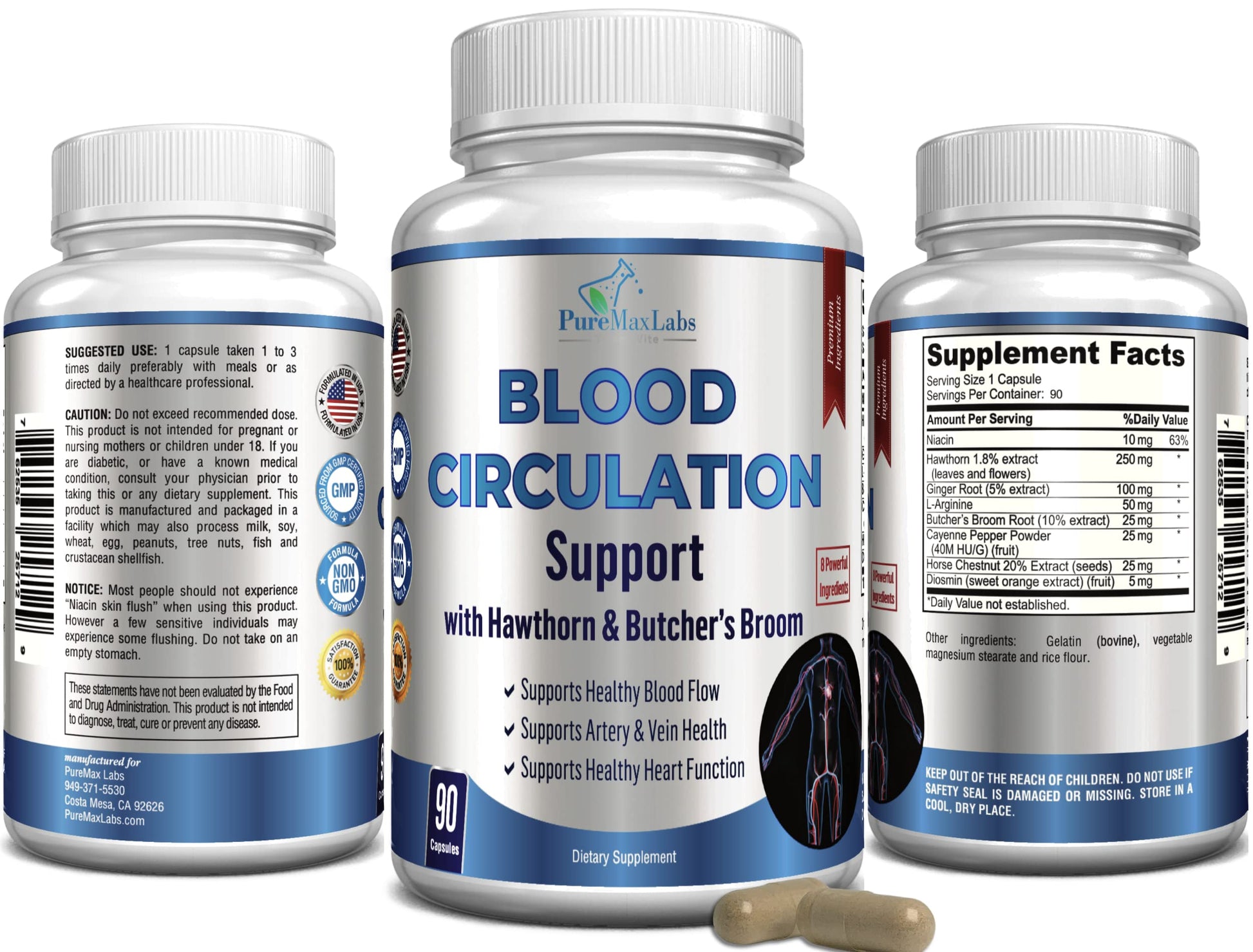 YUMMYVITE blood flow dietary supplement bottle with horse chestnut and diosmin benefits highlighted.