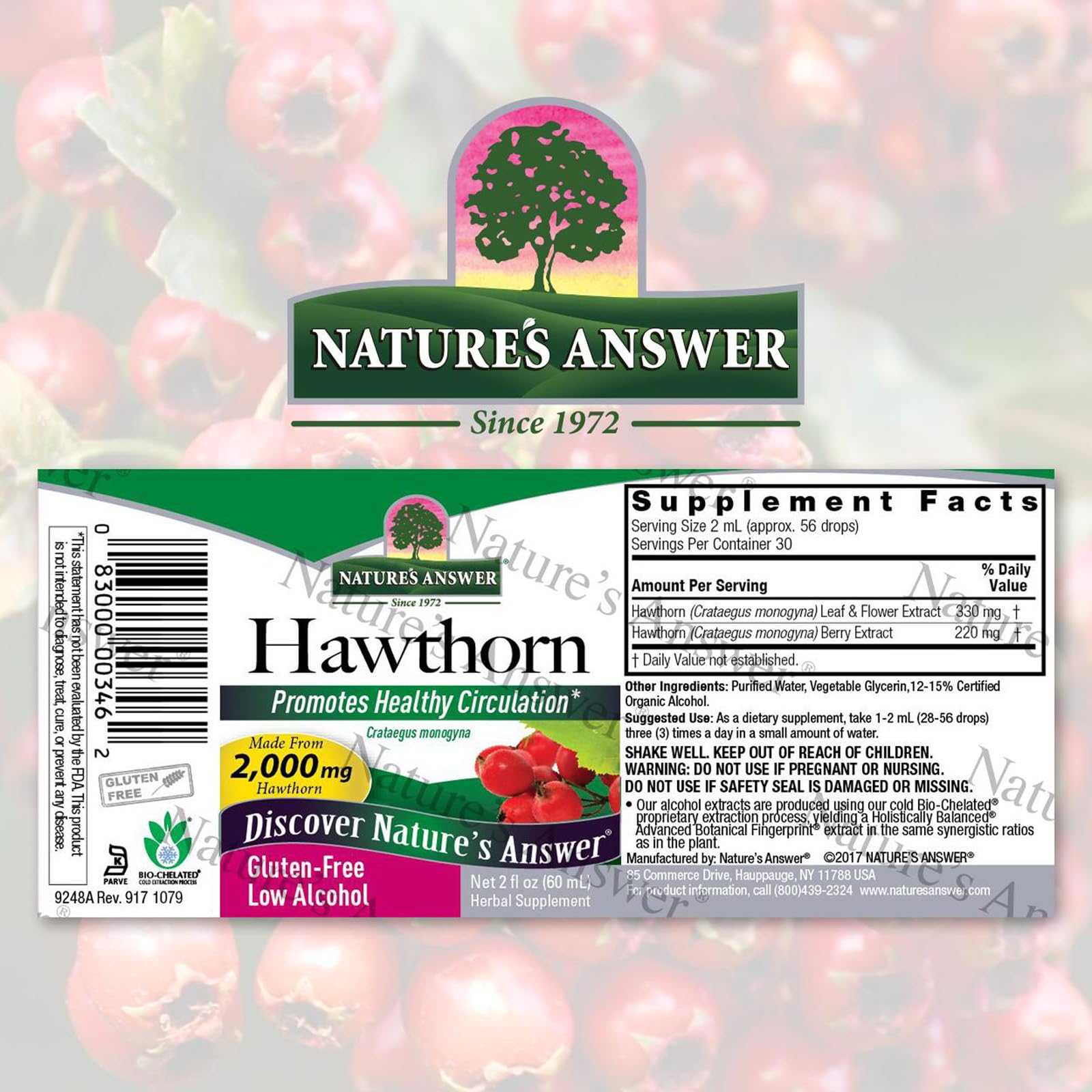 Side angle of the Nature's Answer low alcohol liquid hawthorn supplement bottle highlighting the 2000mg serving size information.
