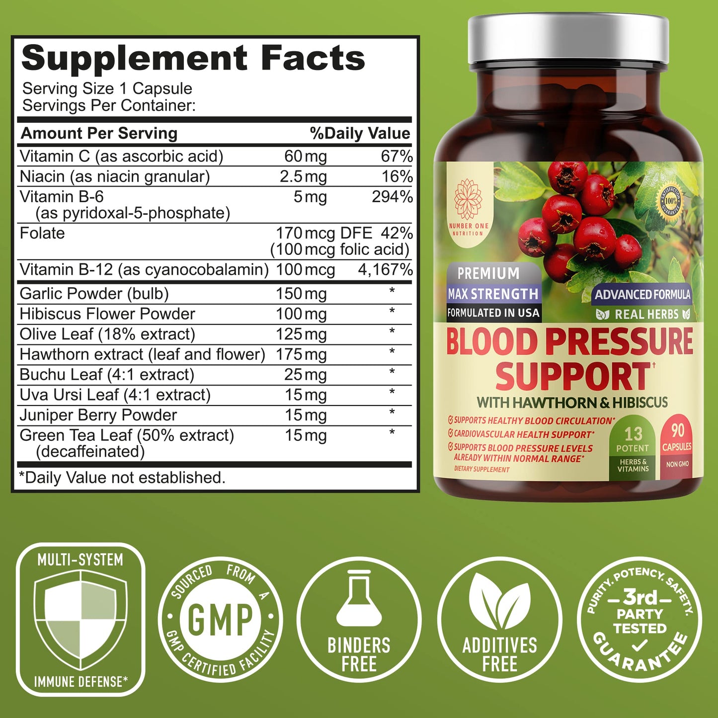 N1N Premium Blood Pressure Support 180 capsules supplement bottle label details