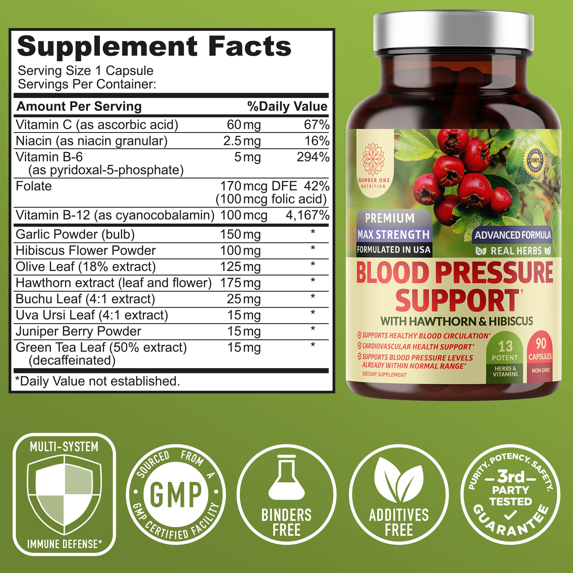 N1N Premium Blood Pressure Support 180 capsules supplement bottle label details