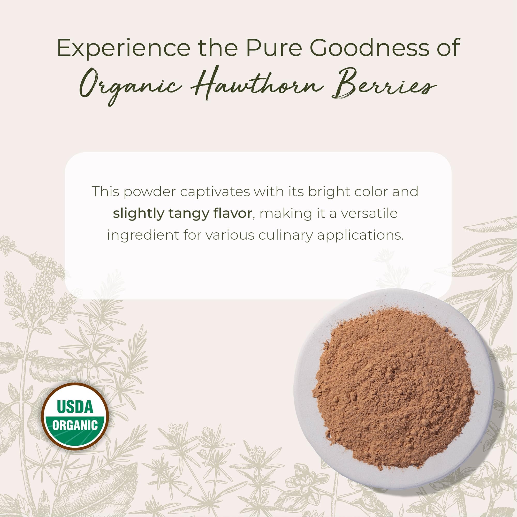 Organic hawthorn berry powder fine red herbal supplement text copy