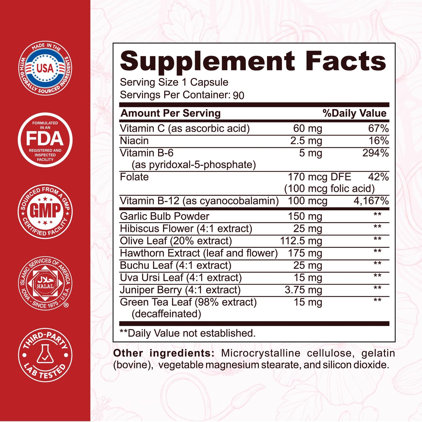 Side label view of imported Kaitamin blood pressure capsules highlighting the hawthorn berry and hibiscus ingredients.