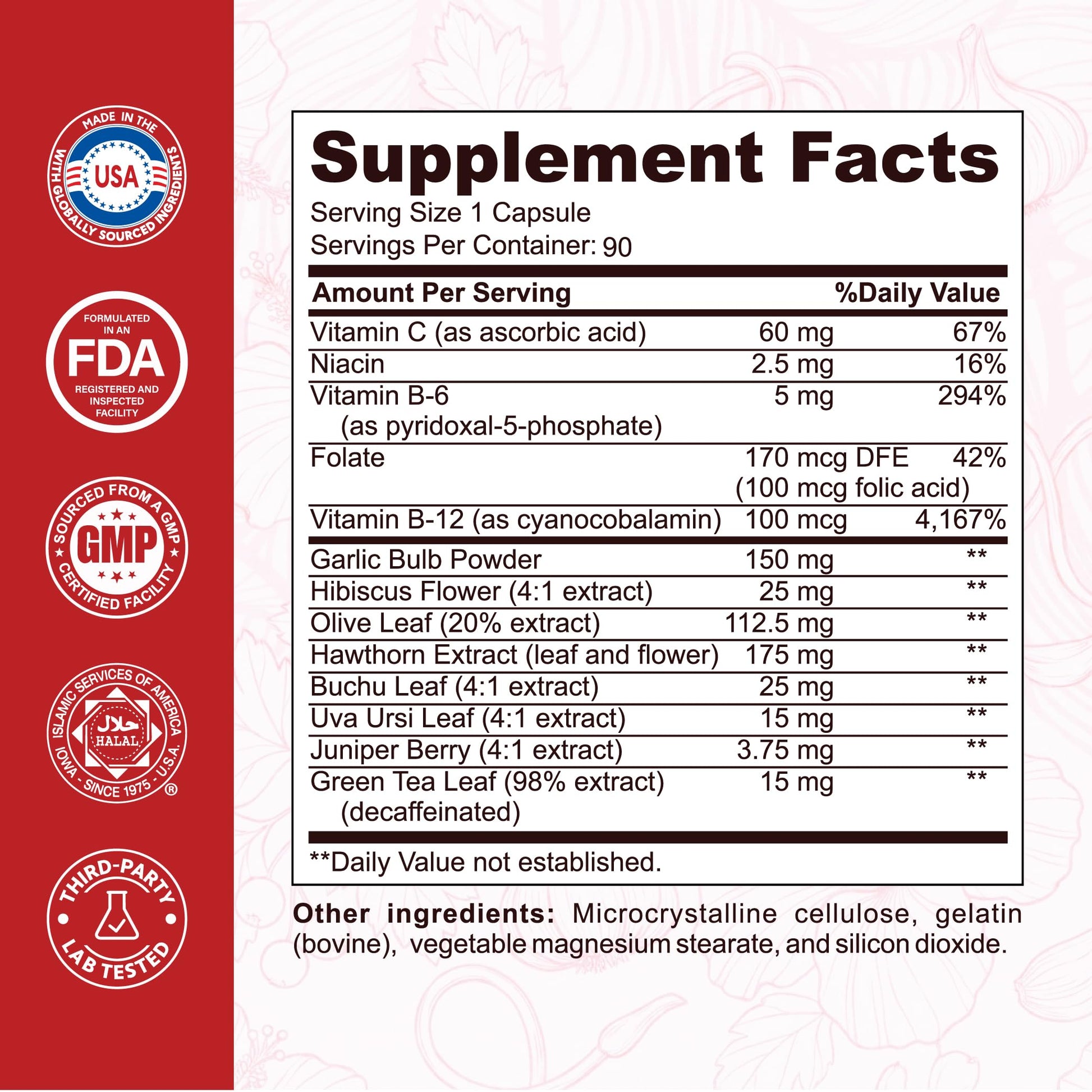 Side label view of imported Kaitamin blood pressure capsules highlighting the hawthorn berry and hibiscus ingredients.