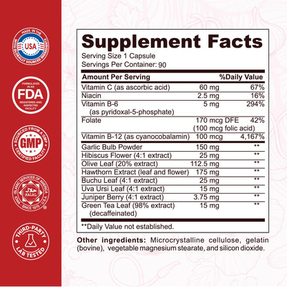 Side label view of imported Kaitamin blood pressure capsules highlighting the hawthorn berry and hibiscus ingredients.