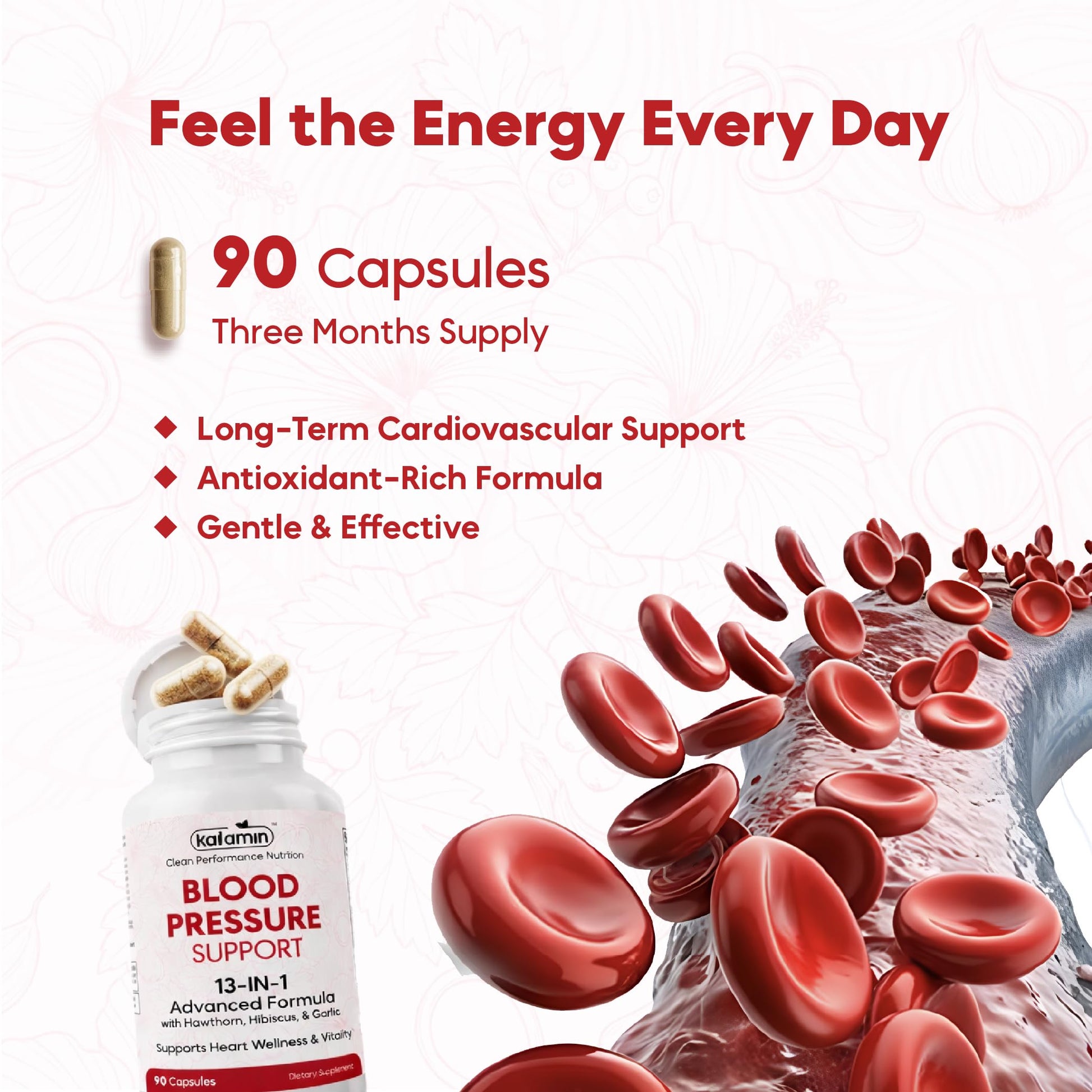 Kaitamin blood pressure support 90 capsules packaging emphasizing the natural antioxidant vitamins C and E content.