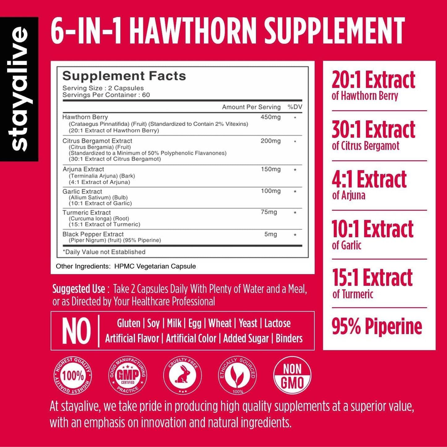 Stay Alive Hawthorn Berry 120 Vegan Capsules displaying the comprehensive 6-in-1 herbal extract ingredient label.