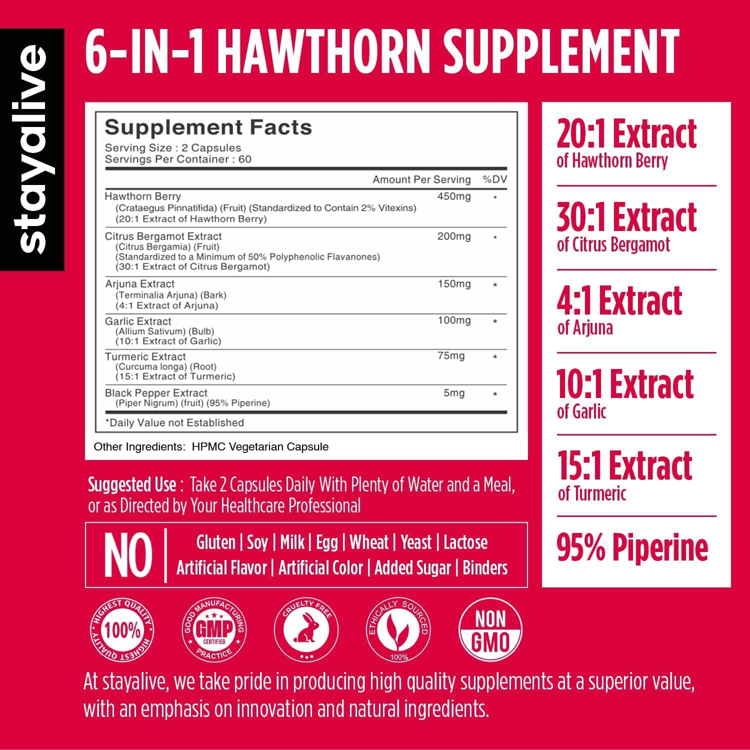 Stay Alive Hawthorn Berry 120 Vegan Capsules displaying the comprehensive 6-in-1 herbal extract ingredient label.