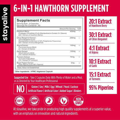Stay Alive Hawthorn Berry 120 Vegan Capsules displaying the comprehensive 6-in-1 herbal extract ingredient label.