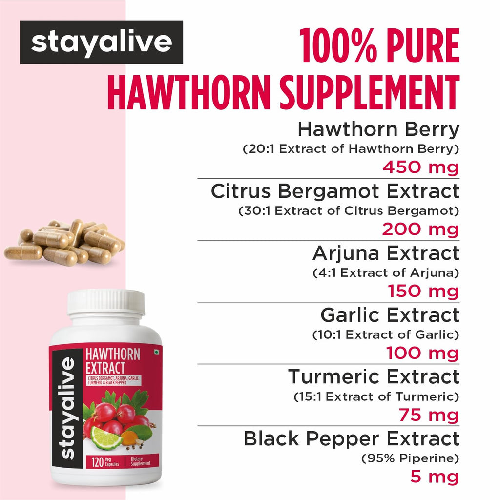 Stay Alive 20:1 Hawthorn Berry dietary supplement showing the vegetarian non-GMO verification badges.