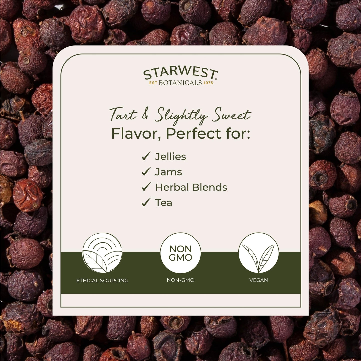 Back label of Starwest Botanicals hawthorn berries showing organic certification details and ingredient facts.