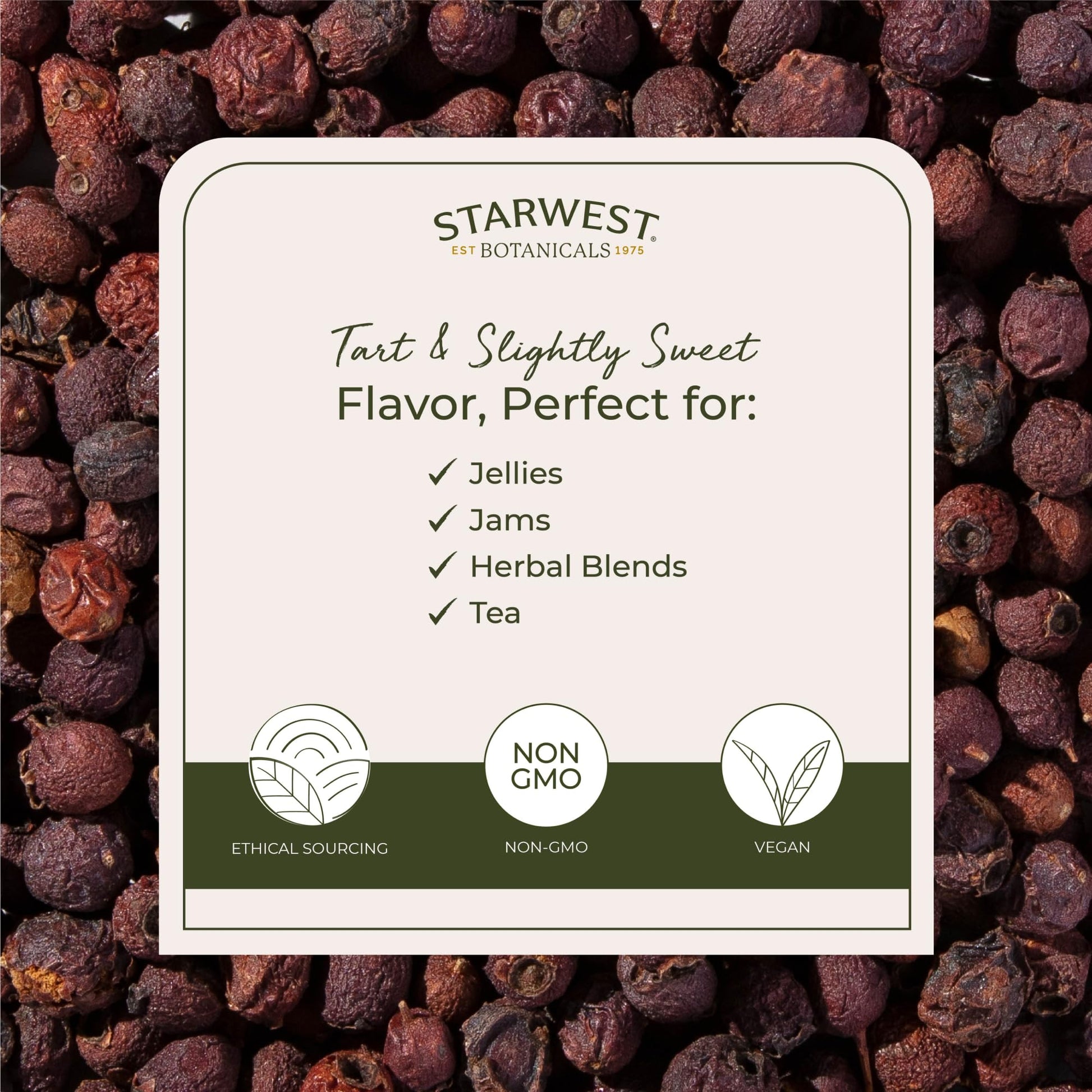 Back label of Starwest Botanicals hawthorn berries showing organic certification details and ingredient facts.