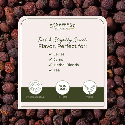 Back label of Starwest Botanicals hawthorn berries showing organic certification details and ingredient facts.
