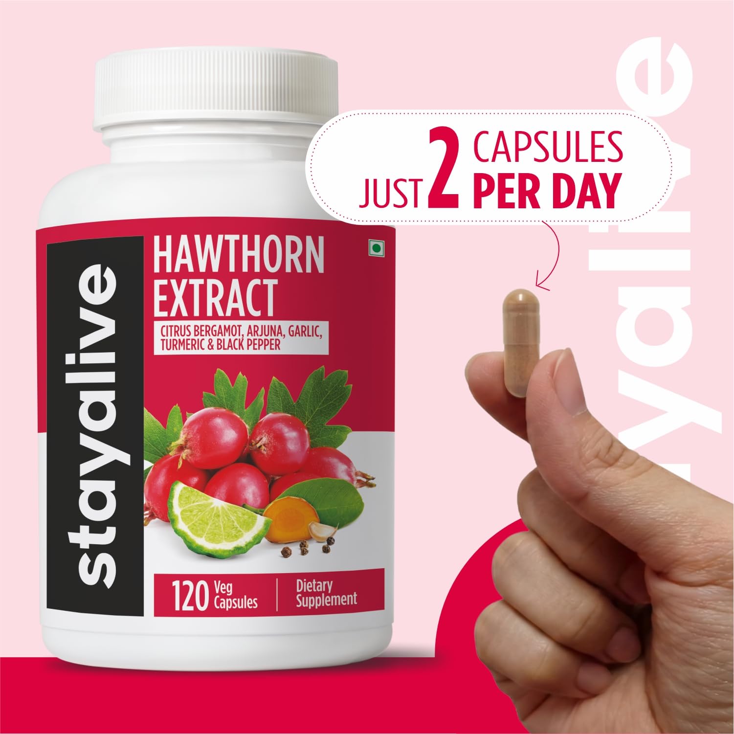 Stay Alive Hawthorn Berry and Citrus Bergamot wellness pills displayed against a clean background.