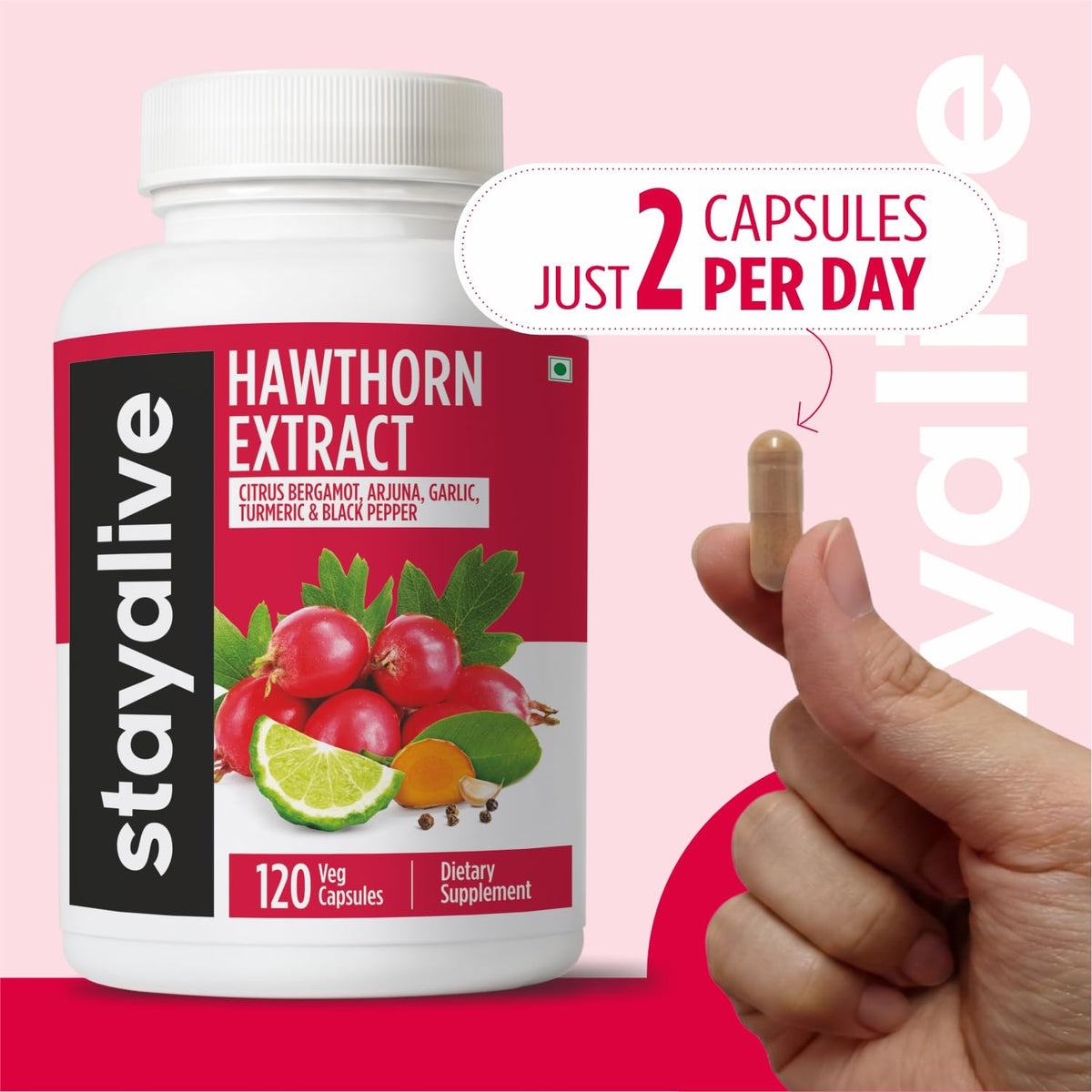 Stay Alive Hawthorn Berry and Citrus Bergamot wellness pills displayed against a clean background.