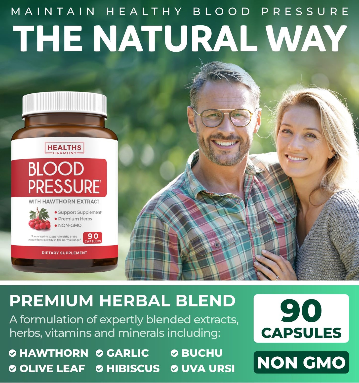 Side angle view of non GMO healths harmony blood pressure support capsule bottle highlighting premium natural herbs