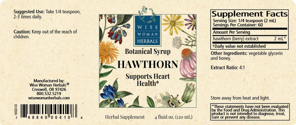 Wise Woman Herbals Hawthorn Botanical Syrup 4:1 alcohol free cardiovascular supplement label details