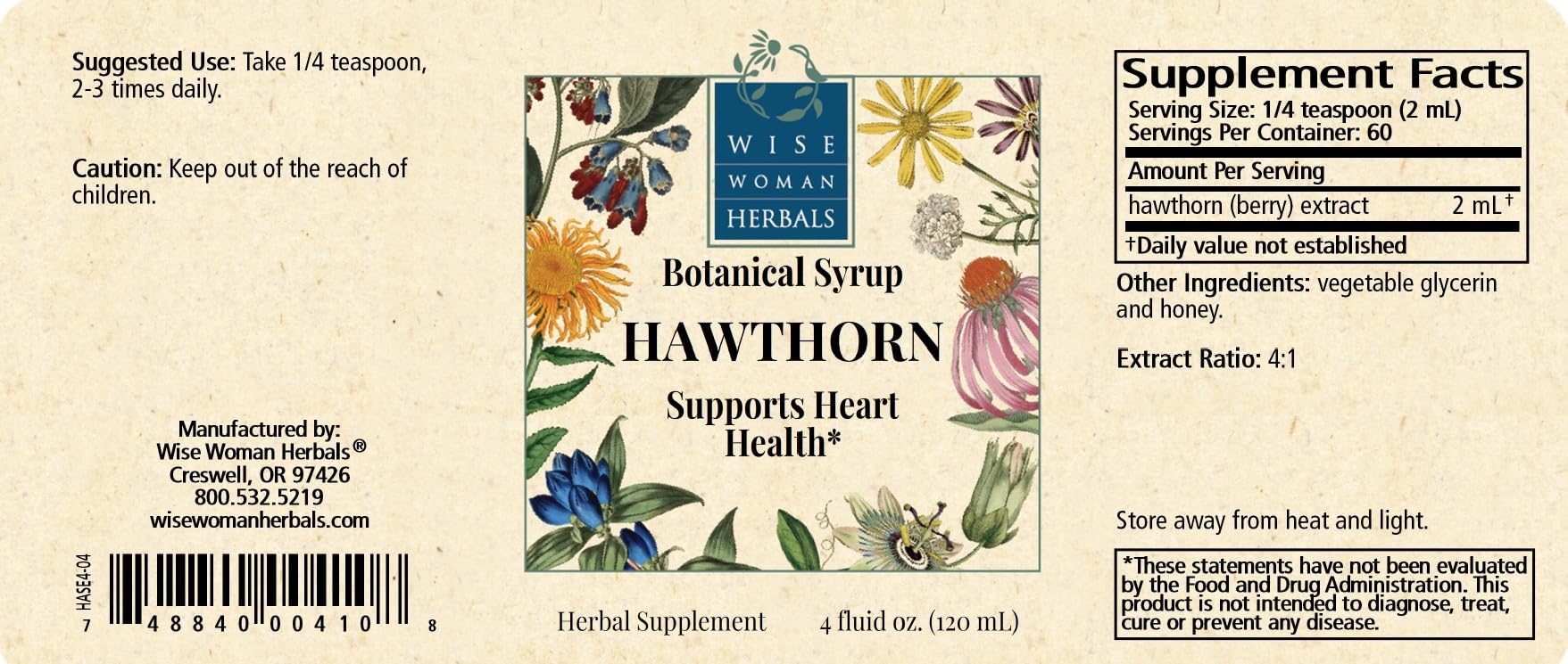 Wise Woman Herbals Hawthorn Botanical Syrup 4:1 alcohol free cardiovascular supplement label details