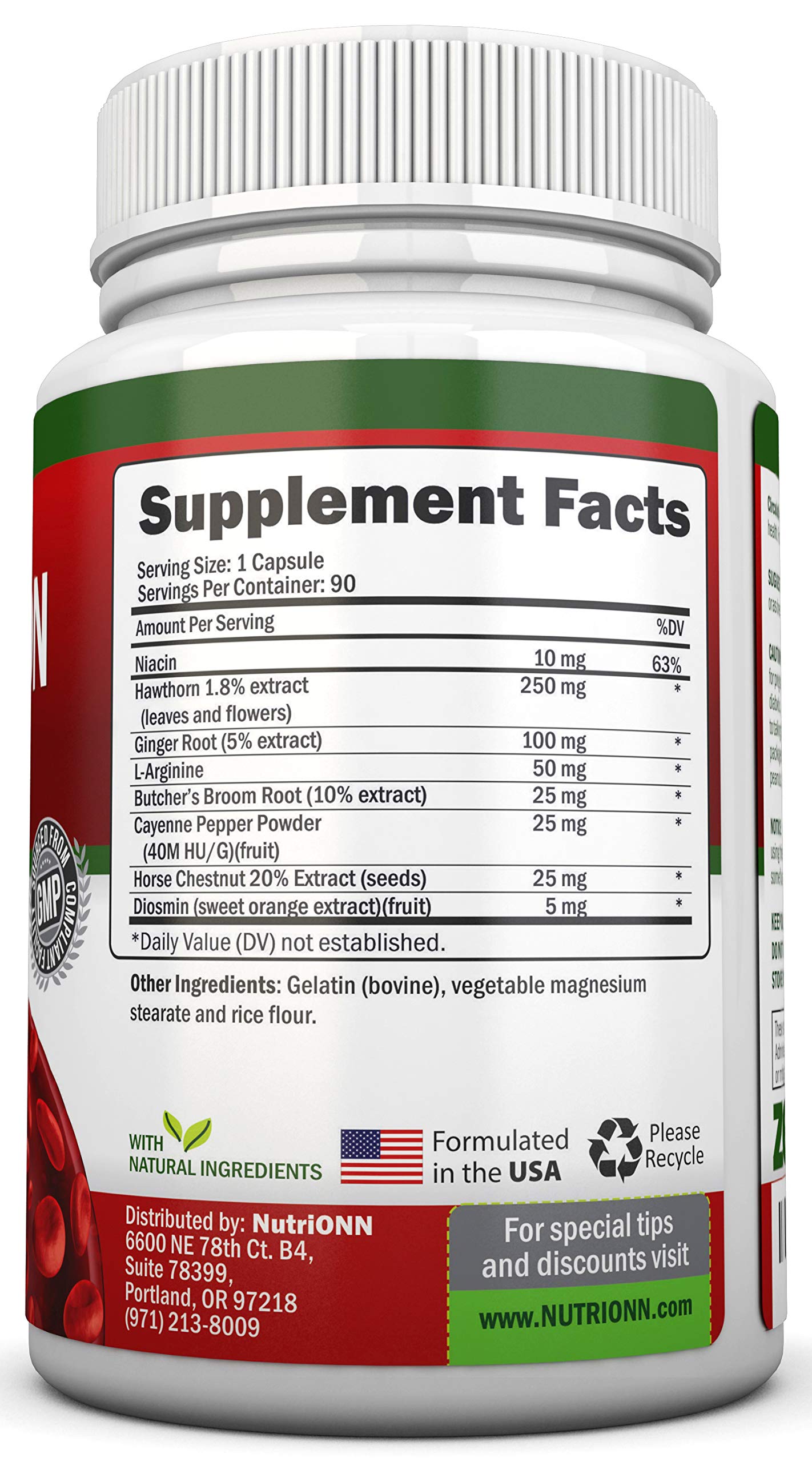 NutriONN herbal blood flow dietary supplement bottle showing ingredient facts label