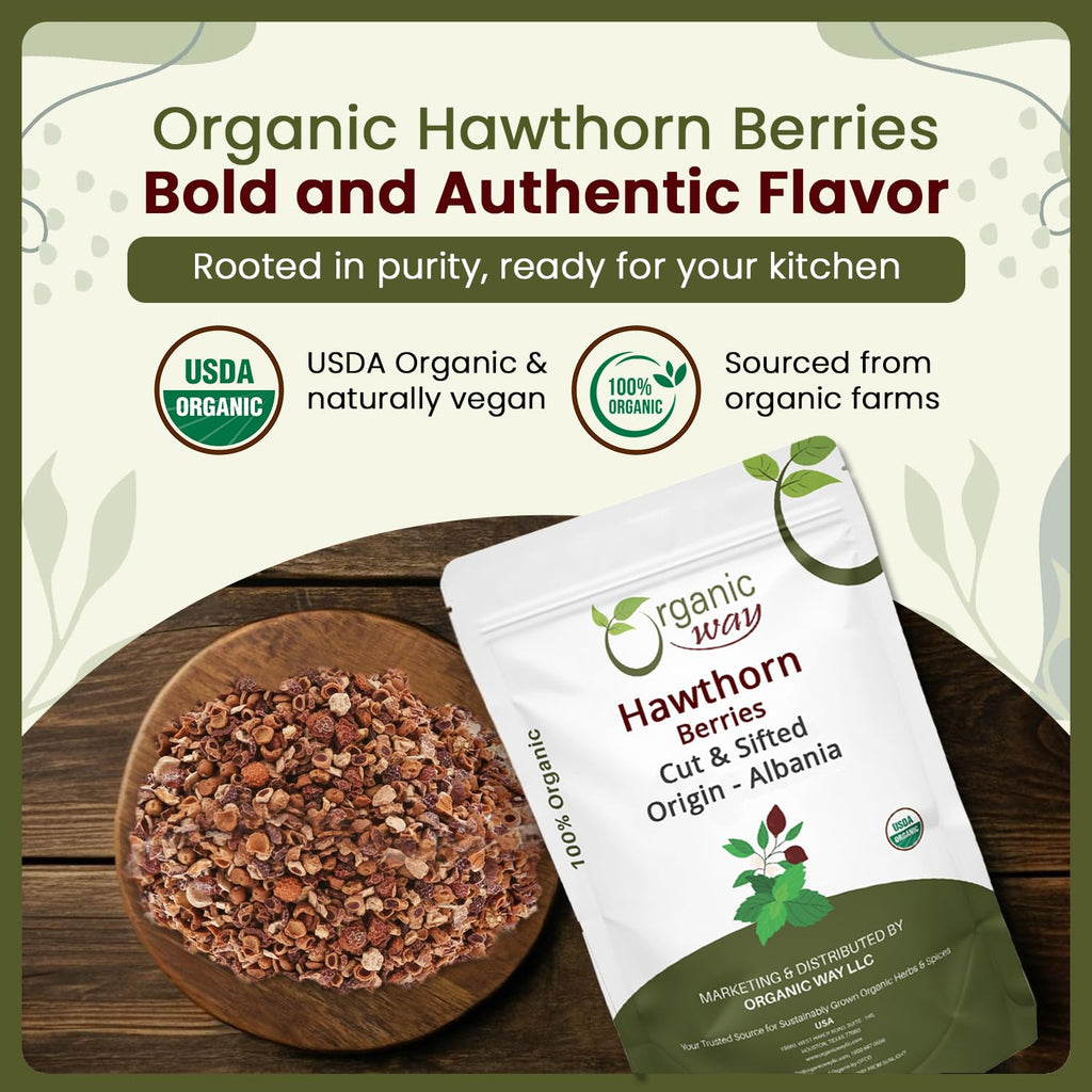Organic Way Hawthorn Berries organic and kosher certification logos