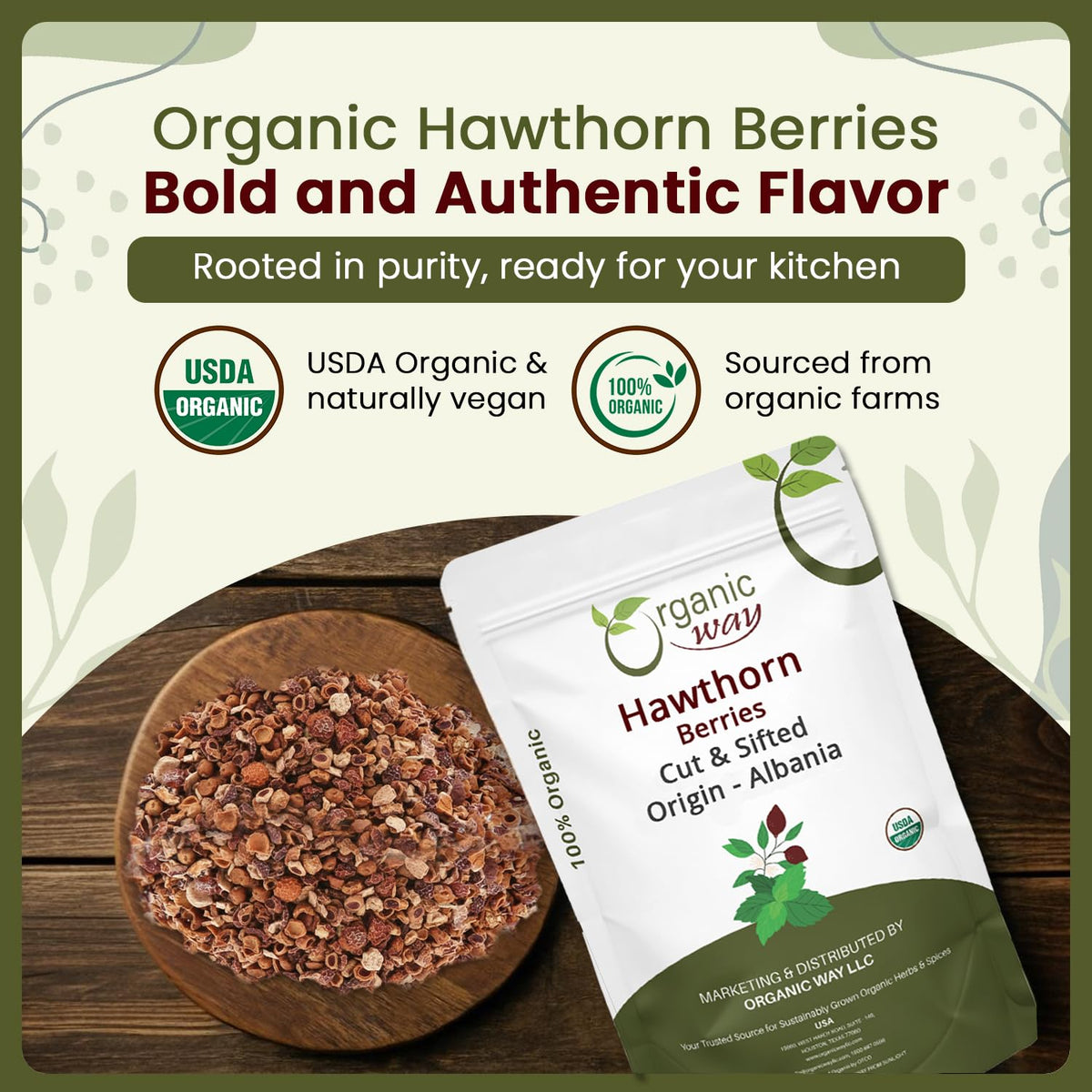 Organic Way Hawthorn Berries organic and kosher certification logos