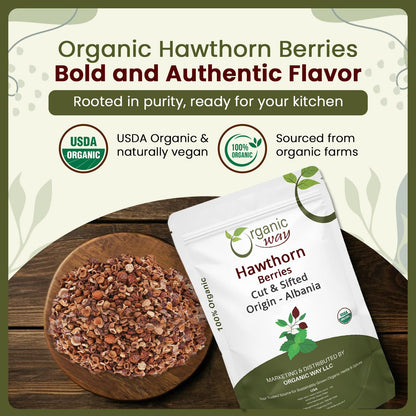Organic Way Hawthorn Berries organic and kosher certification logos