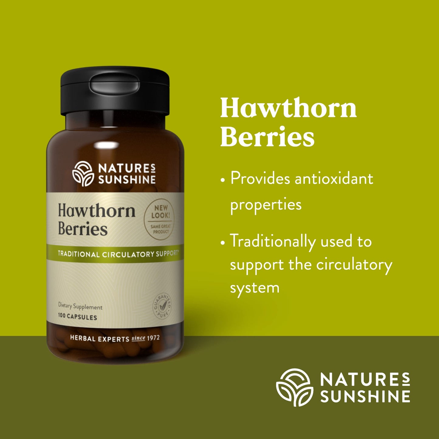 Nature's Sunshine Hawthorn Berries side view displaying ingredients and usage directions