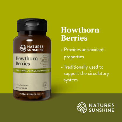 Nature's Sunshine Hawthorn Berries side view displaying ingredients and usage directions