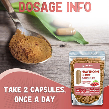 Back label view of XPRS Nutra Hawthorn Berry capsules highlighting the six month supply information.