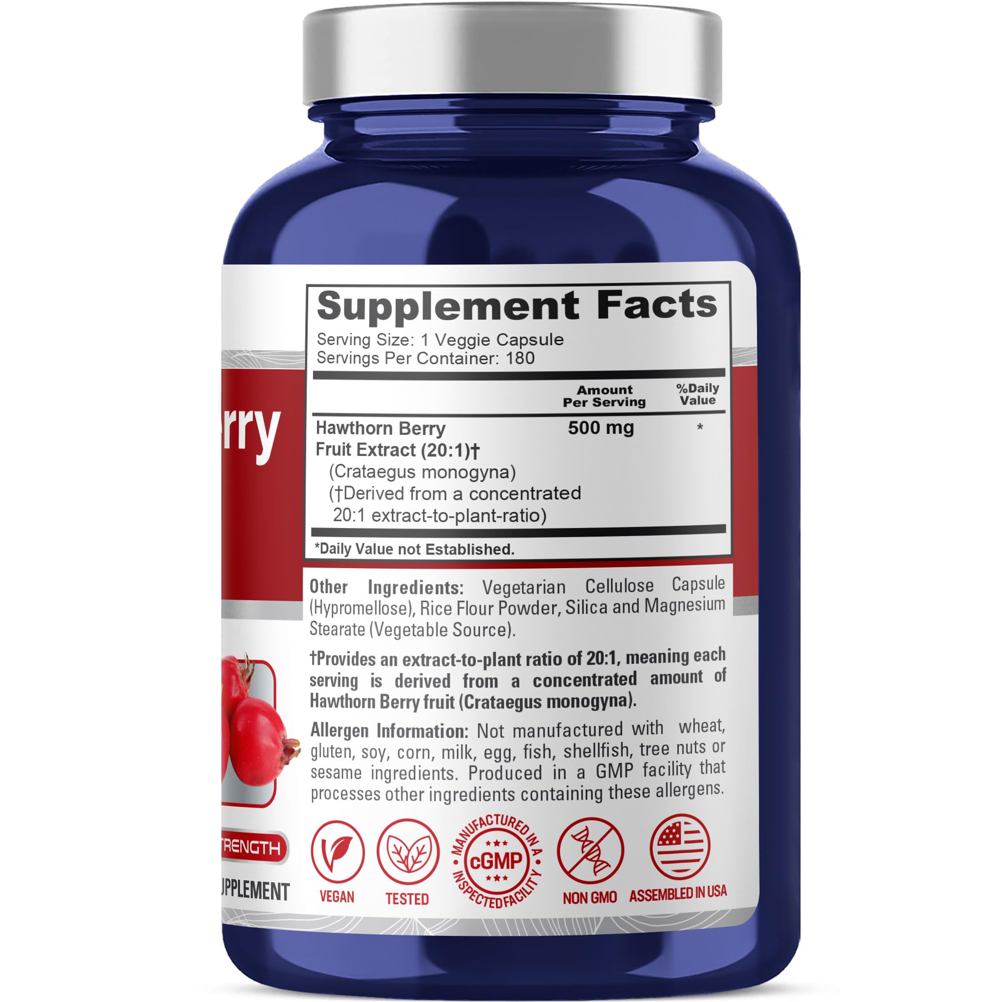 NusaPure Hawthorn Berry dietary supplement label ingredients side view