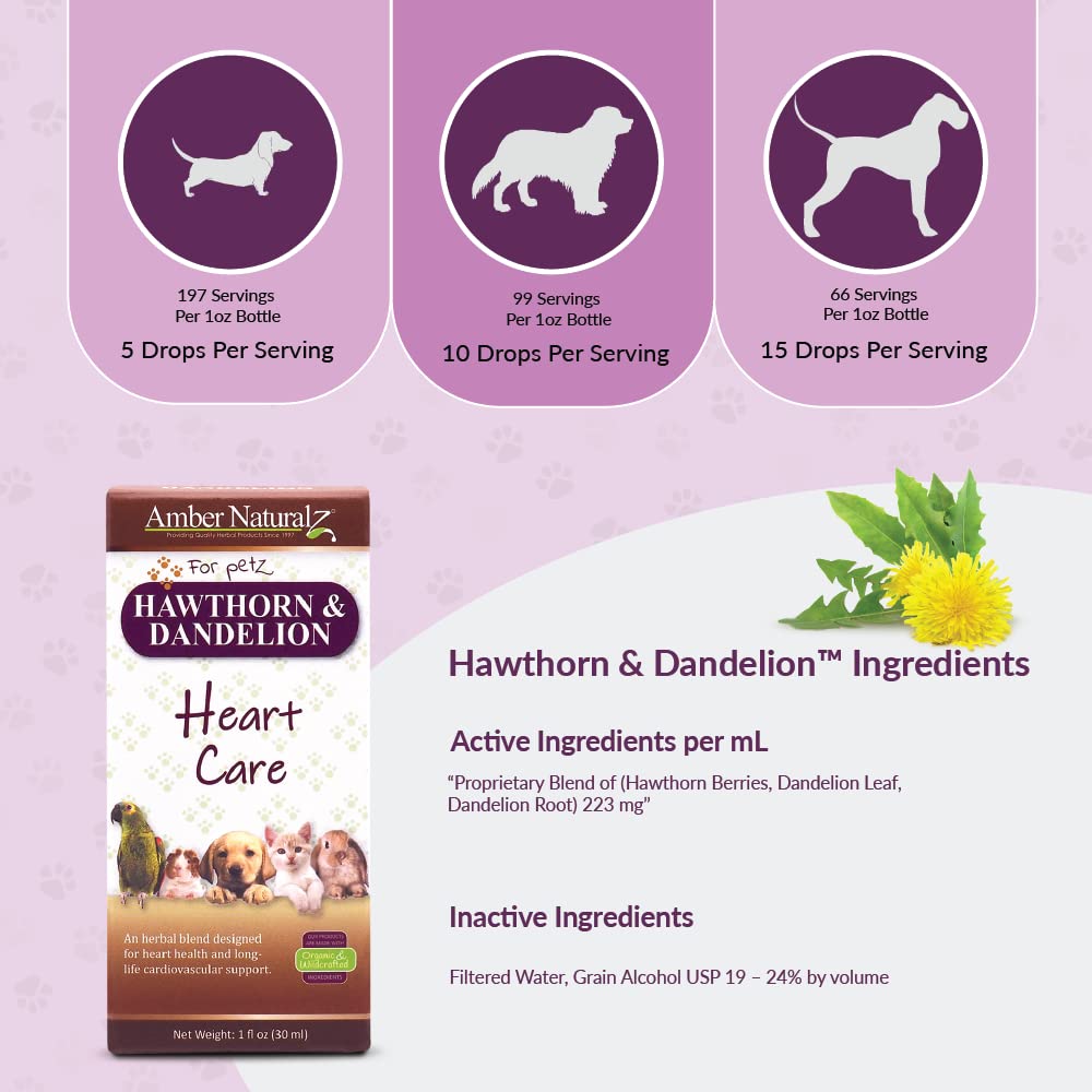 Amber NaturalZ hawthorn and dandelion organic pet supplement back label