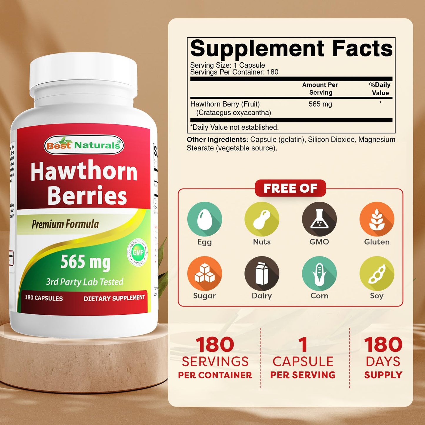 Best Naturals Hawthorn Berries supplement packaging illustrating third-party laboratory testing verification.