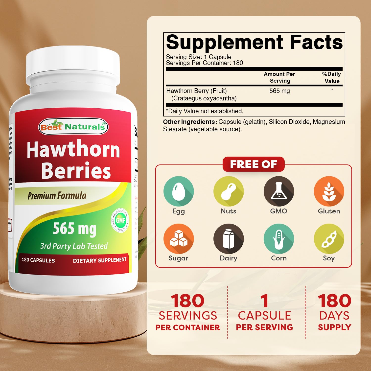 Best Naturals Hawthorn Berries supplement packaging illustrating third-party laboratory testing verification.