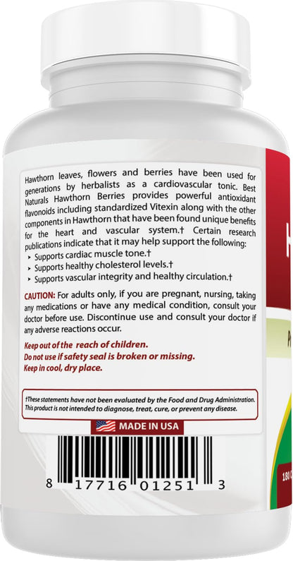 Premium hawthorn berry capsules container demonstrating the capsule count and dosage breakdown.
