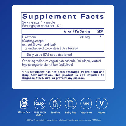 Pure Encapsulations heart health supplement bottle showing nutritional facts label.