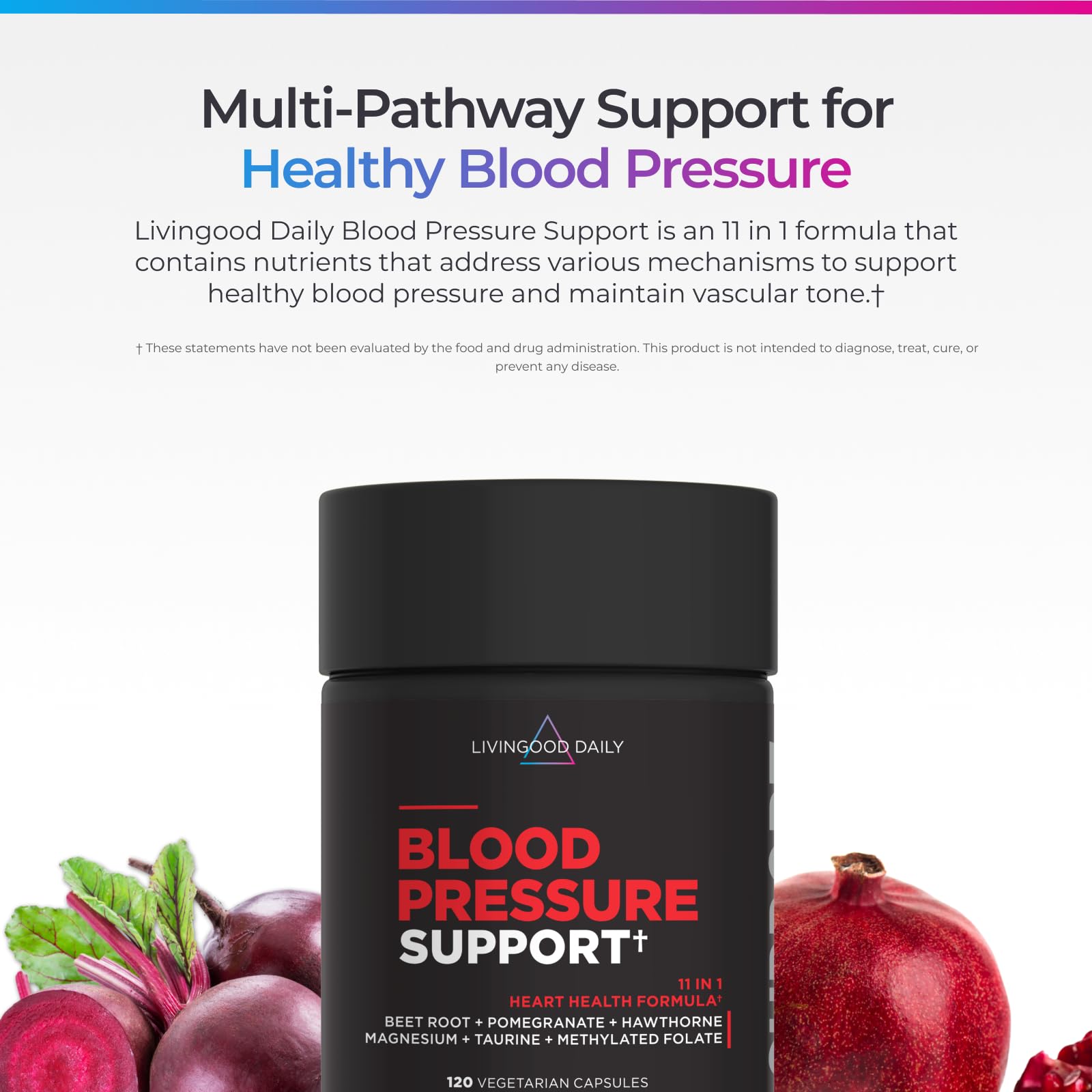 Livingood Daily Blood Pressure Support side label showing 11-in-1 cardiovascular ingredients