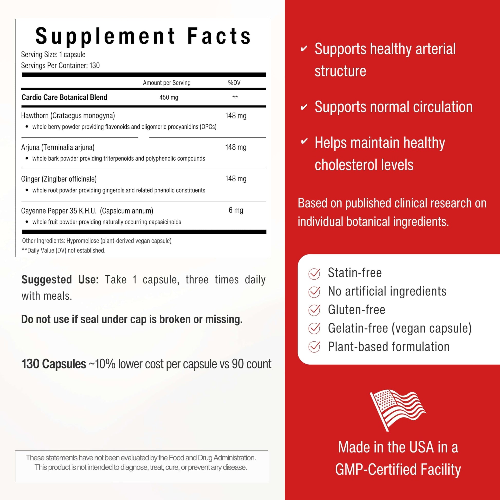 Back label of Sana Herbal Sciences Artery Plaque Removal Formula showing supplement facts and ingredients.