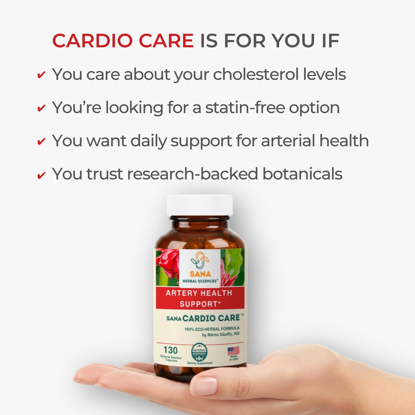 Side view of the USA-imported Sana Herbal heart health supplement bottle displaying the GMP certified seal.