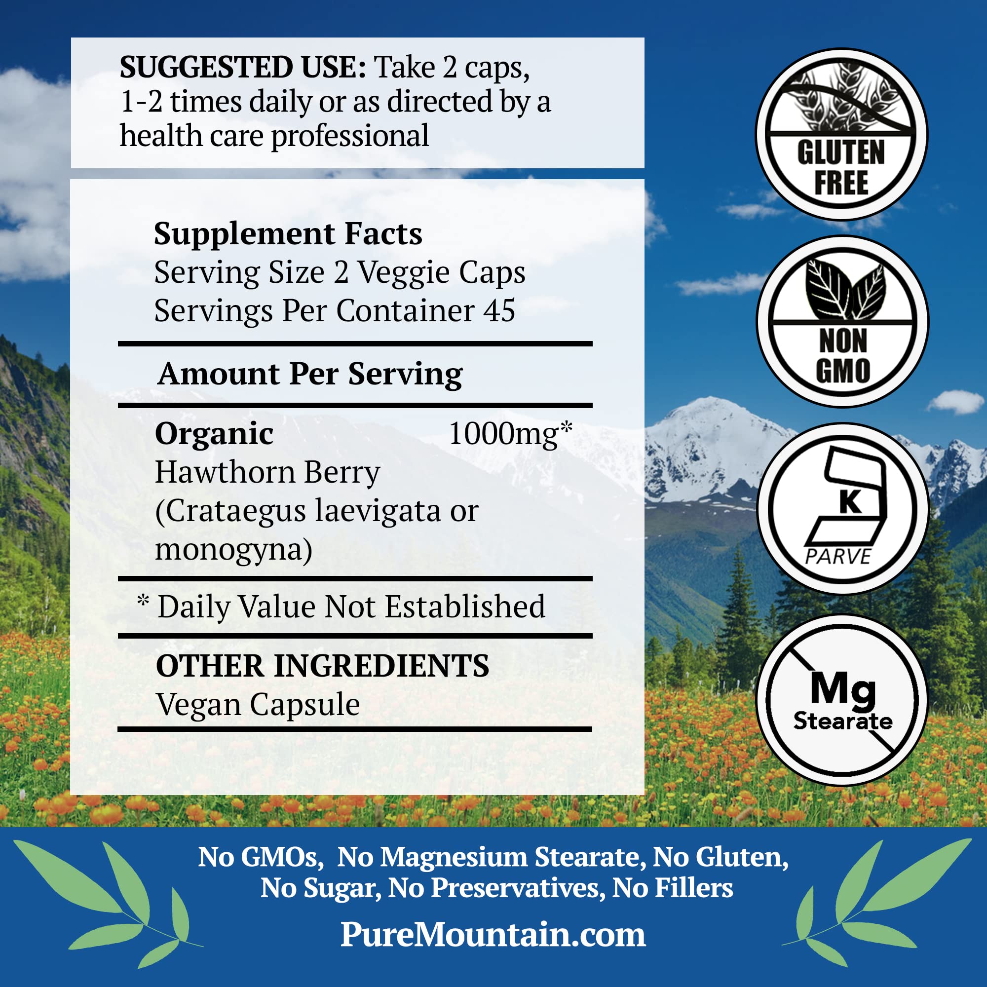 Pure Mountain Botanicals heart health supplement bottle displaying the certified organic ingredient label details