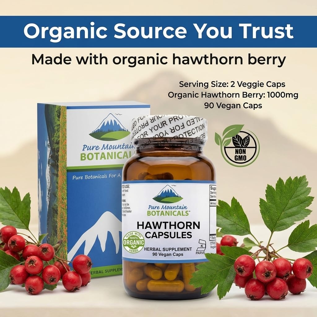 Side view of Pure Mountain Botanicals hawthorn berry vegetarian capsules demonstrating full spectrum herbal contents